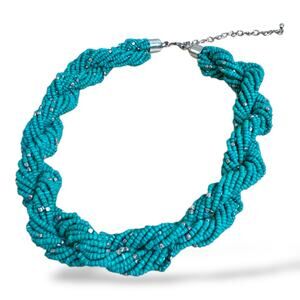 Chunky Teal Twisted Seed Bead Collar Length Statement Necklace